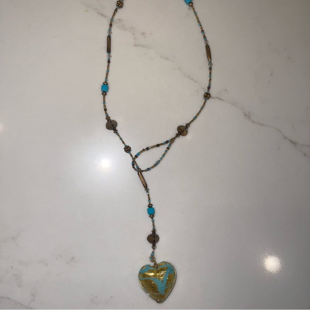 Handmade Gold & Turquoise Heart Pendant Necklace - Women's Jewelry - Picture 9 of 11